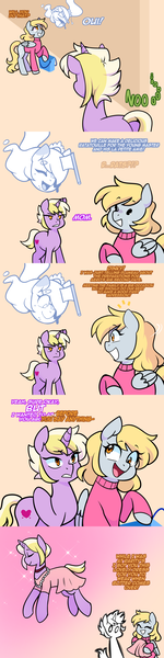 Size: 1280x5120 | Tagged: safe, artist:senseidezzy, deleted from derpibooru, derpibooru import, derpy hooves, dinky hooves, oc, oc:plumeau, ghost, pegasus, pony, undead, unicorn, comic:when aero met glitter, aero replies, annoyed, clothes, collar, comic, dress, female, french, gender dysphoria, hatchet, ignored, jewelry, maid, meme, mother, necklace, not listening, pearl necklace, pink, shocked, shopping bags, sparkles, sweater, trans male, trans stallion, transgender, triggered
