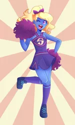 Size: 2400x4000 | Tagged: safe, artist:senseidezzy, deleted from derpibooru, derpibooru import, oc, oc:azure/sapphire, equestria girls, cheerleader, cheerleader outfit, clothes, crossdressing, crystal prep academy, crystal prep shadowbolts, femboy, male, pom pom, shadowbolts, shoes, sneakers, solo, sunburst background