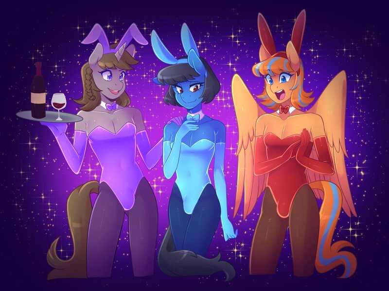 Size: 1248x936 | Tagged: suggestive, artist:senseidezzy, deleted from derpibooru, derpibooru import, oc, oc:bsod, oc:cold front, oc:disty, unofficial characters only, anthro, earth pony, pegasus, unicorn, anthro oc, bowtie, breasts, bunny ears, bunny suit, clothes, costume, crossdressing, crotch bulge, embarrassed, evening gloves, femboy, gloves, image, jpeg, leotard, long gloves, male, pantyhose, playboy bunny, shy, smiling, thong leotard, tray