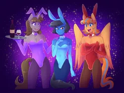 Size: 1248x936 | Tagged: suggestive, artist:senseidezzy, deleted from derpibooru, derpibooru import, oc, oc:bsod, oc:cold front, oc:disty, unofficial characters only, anthro, earth pony, pegasus, unicorn, anthro oc, bowtie, breasts, bunny ears, bunny suit, clothes, costume, crossdressing, crotch bulge, embarrassed, evening gloves, femboy, gloves, leotard, long gloves, male, pantyhose, playboy bunny, shy, smiling, tray