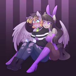 Size: 1110x1110 | Tagged: suggestive, artist:senseidezzy, deleted from derpibooru, derpibooru import, octavia melody, oc, oc:aero, anthro, earth pony, pegasus, age difference, anthro oc, blushing, boots, breasts, bunny suit, busty octavia, canon x oc, clothes, evening gloves, female, gloves, high heel boots, hug, hug from behind, jeans, leotard, long gloves, male, offspring, older, pants, pantyhose, parent:derpy hooves, parent:oc:warden, parents:canon x oc, ripped jeans, shipping, shoes, straight