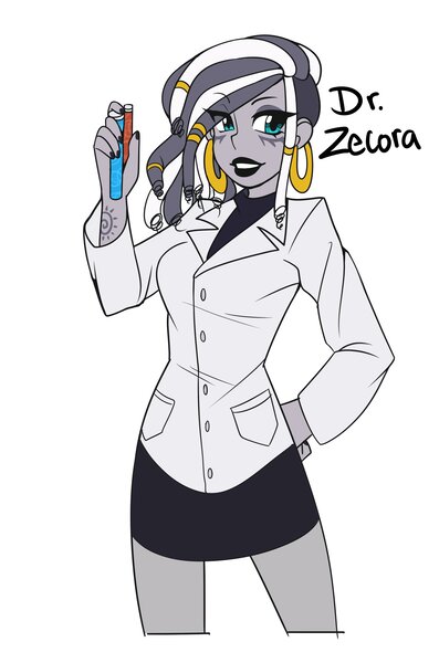 Size: 2200x3324 | Tagged: safe, artist:senseidezzy, deleted from derpibooru, derpibooru import, zecora, equestria girls, alternate hairstyle, doctor, dreadlocks, ear piercing, earring, equestria girls-ified, female, jewelry, piercing, scientist, simple background, smiling, solo, vial, white background, zecora appreciation week