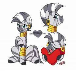 Size: 2924x2740 | Tagged: safe, artist:senseidezzy, deleted from derpibooru, derpibooru import, zecora, zebra, bracelet, ear piercing, earring, female, heart, implied applecora, implied applejack, implied lesbian, implied shipping, jewelry, neck rings, one eye closed, open mouth, piercing, present, quadrupedal, simple background, sitting, smiling, solo, white background, zecora appreciation week