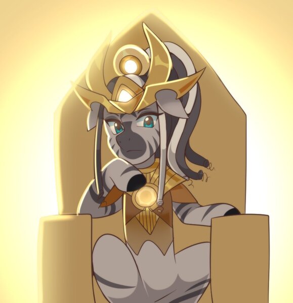 Size: 916x949 | Tagged: safe, artist:senseidezzy, deleted from derpibooru, derpibooru import, zecora, zebra, alternate hairstyle, armor, clothes, crossover, dreadlocks, female, headdress, khessa, ponytail, quadrupedal, sitting, solo, the dragon prince, throne, zecora appreciation week