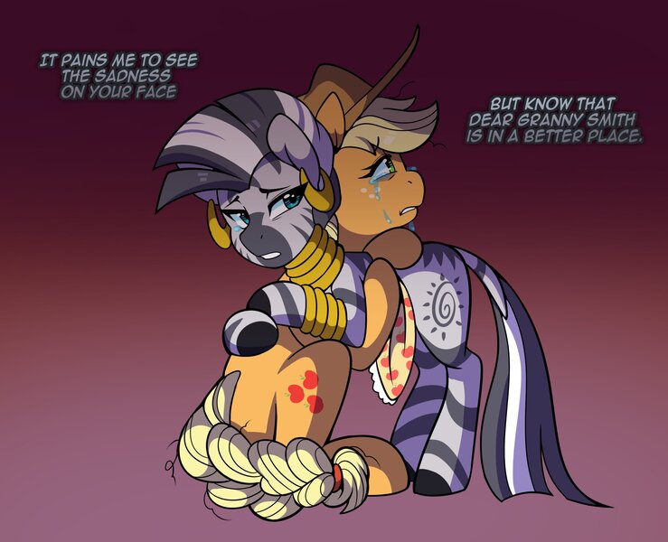 Size: 2888x2344 | Tagged: safe, artist:senseidezzy, deleted from derpibooru, derpibooru import, applejack, zecora, earth pony, pony, zebra, applejack's hat, bracelet, comforting, cowboy hat, crying, ear piercing, earring, female, freckles, hat, hug, implied death, implied granny smith, jewelry, mare, neck rings, older, piercing, quadrupedal, sitting, stetson, zecora appreciation week