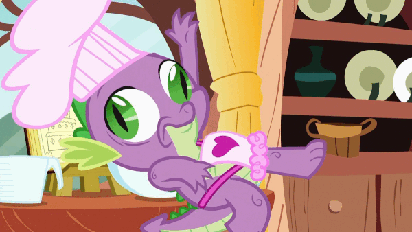 Size: 600x338 | Tagged: animated, apron, bowl, chef, chef's hat, clothes, derp, derp face, dragon, faic, falling, gif, hat, just for sidekicks, naked apron, safe, screencap, solo, spike