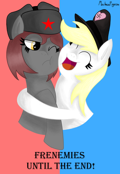 Size: 1000x1450 | Tagged: safe, artist:machacapigeon, derpibooru import, oc, oc:aryanne, oc:veronika, unofficial characters only, earth pony, pony, art pack:marenheit 451, /mlp/, communism, duo, hat, hug, image, nazi, nazipone, open mouth, png, simple background, swastika, text