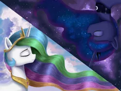 Size: 4724x3543 | Tagged: safe, artist:lin feng, princess celestia, princess luna, alicorn, pony, bust, day, duality, duo, eyes closed, female, mare, night, royal sisters