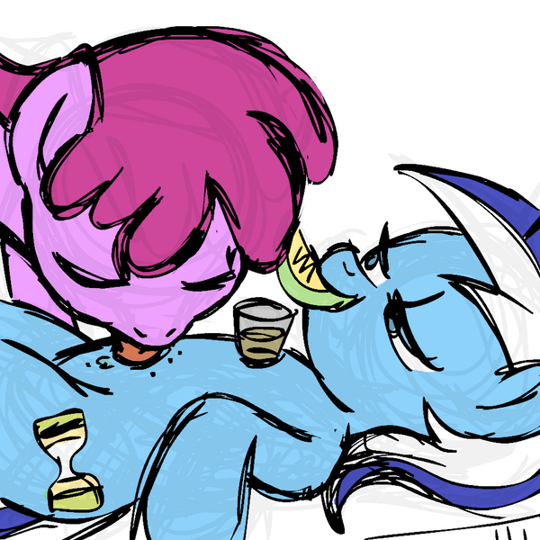 Size: 945x945 | Tagged: suggestive, edit, ponibooru import, berry punch, berryshine, minuette, earth pony, alcohol, bedroom eyes, duo, duo female, eyes closed, female, glass, lesbian, licking, on back, shot glass, simple background, sketch, tongue out, white background