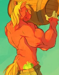 Size: 716x900 | Tagged: anthro, barrel, big macintosh, clothes, holding, male, muscles, pants, ponibooru import, solo, suggestive