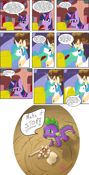 Size: 800x1566 | Tagged: suggestive, ponibooru import, princess celestia, spike, twilight sparkle, alicorn, dragon, pony, unicorn, princess molestia, blushing, comic, dear princess celestia, dialogue, drool, female, fillyphile, horn, horngasm, implied foalcon, lesbian, magic, male, mare, orgasm, quill, scroll, shipping, twilestia, underage, unicorn twilight, writing