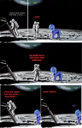 Size: 830x1300 | Tagged: safe, alternate version, artist:jhonnyrebel, derpibooru import, ponibooru import, princess luna, alicorn, human, pony, apollo, astronaut, female, image, jpeg, luna and the nauts, male, mare, moon, moon landing, neil armstrong, nope, s1 luna, sad, space, vulgar