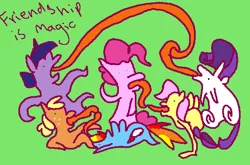 Size: 612x405 | Tagged: suggestive, artist:ponygoggles, ponibooru import, applejack, fluttershy, pinkie pie, rainbow dash, rarity, twilight sparkle, earth pony, pegasus, pony, unicorn, appledash, female, females only, flutterpie, lesbian, mane six, mare, rarilight, shipping, tongue out, unicorn twilight, wat