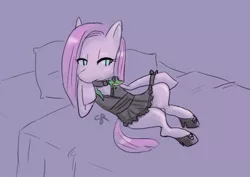 Size: 434x308 | Tagged: suggestive, ponibooru import, gummy, pinkie pie, earth pony, pony, bed, bedroom eyes, choker, female, high heels, mare, night gown, on back, on bed, pinkamena diane pie, shoes, solo, solo female