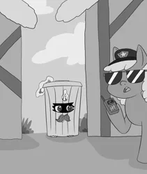 Size: 1000x1187 | Tagged: safe, artist:happy harvey, oc, oc:molly cutter, unofficial characters only, earth pony, pony, unicorn, bandit, black and white, building, bush, cloud, cork, disguise, drawn on phone, facial hair, fake moustache, female, filly, grayscale, hat, knife, magic, mare, monochrome, moustache, police, police officer, radio, reversed gender roles equestria general, searching, sunglasses, trash can