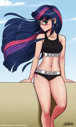 Size: 1600x2676 | Tagged: adorasexy, artist:johnjoseco, belly button, bikini, blacked, blushing, branded hem, breasts, clothes, cute, cutie mark on human, edit, female, glasses, human, humanized, looking at you, midriff, reasonably sized breasts, sexy, solo, solo female, suggestive, swimsuit, tankini, twilight sparkle