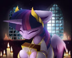 Size: 1828x1470 | Tagged: safe, artist:hitbass, twilight sparkle, twilight sparkle (alicorn), alicorn, pony, book, candle, chest fluff, clothes, eyes closed, female, headdress, horn, jewelry, mare, necklace, praying, priestess, religion, smiling, solo, window, wings
