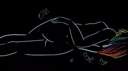 Size: 1435x797 | Tagged: artist:fluffikitten, black background, blood, butt, female, human, humanized, morbid, plot, ponibooru import, rainbow dash, semi-grimdark, side, simple background, solo, solo female