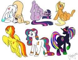 Size: 1610x1234 | Tagged: suggestive, artist:calicopikachu, ponibooru import, apple cobbler, spitfire, twilight sparkle, oc, oc:prettigraffiti, oc:rhythm break, oc:tenderfoot, earth pony, pegasus, unicorn, apple family member, butt, face down ass up, featureless crotch, looking at you, looking back, looking back at you, plot, raised hoof, simple background, sitting, smiling, standing, unicorn twilight, white background