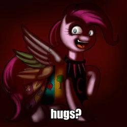 Size: 600x600 | Tagged: semi-grimdark, artist:kloudmutt, ponibooru import, pinkie pie, earth pony, pony, fanfic:cupcakes, caption, creepy, creepy smile, fanfic art, female, horn, looking at you, mare, smiling, solo, wings