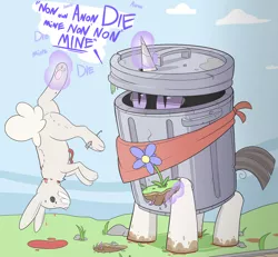 Size: 3082x2852 | Tagged: semi-grimdark, artist:nignogs, derpibooru import, oc, oc:molly cutter, unofficial characters only, pony, rabbit, unicorn, worm, /mlp/, 4chan, abuse, animal, animal abuse, bite mark, blood, dead, dialogue, female, filly, flower, image, magic, neckerchief, png, reversed gender roles equestria, reversed gender roles equestria general, slit eyes, solo, speech bubble, telekinesis, torture, trash can