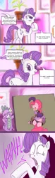 Size: 500x1610 | Tagged: suggestive, ponibooru import, pinkie pie, rarity, spike, pony, unicorn, alternate universe, blushing, butt, clothes, comic, dialogue, dress, female, male, panties, picture, plot, saloon dress, saloon pinkie, shocked, smiling, thong, underwear, wahaha