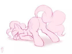 Size: 900x675 | Tagged: suggestive, ponibooru import, pinkie pie, earth pony, pony, blushing, butt, face down ass up, featureless crotch, female, looking at you, looking back, looking back at you, mare, plot, she wants the d, simple background, sketch, smiling, solo, solo female, white background