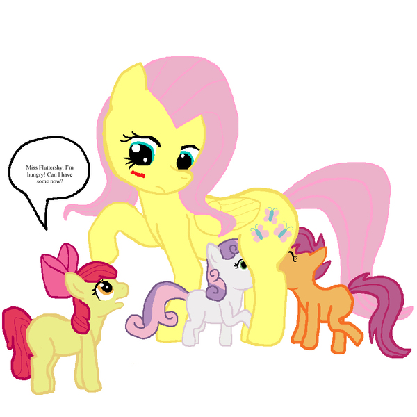 Size: 1000x1000 | Tagged: questionable, artist:gorodetsky, ponibooru import, apple bloom, fluttershy, scootaloo, sweetie belle, earth pony, pegasus, pony, unicorn, anatomically correct, blushing, breastfeeding, cute, cutealoo, cutie mark crusaders, dialogue, female, filly, implied crotchboobs, mare, nudity, simple background, suckling, vulva, white background