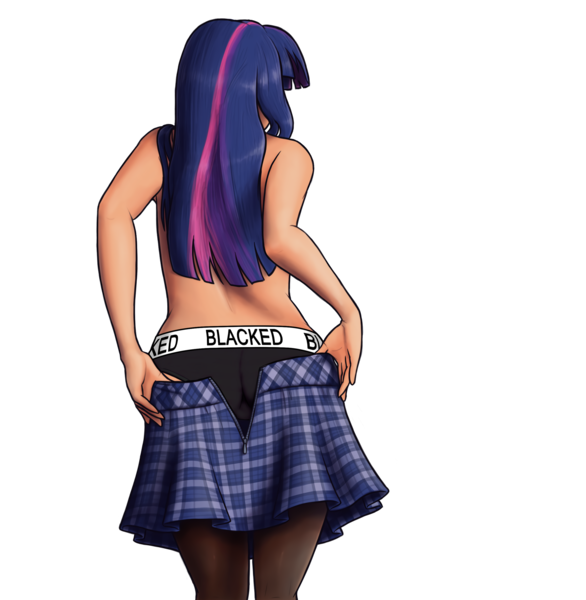 Size: 2560x2620 | Tagged: artist:king-kakapo, ass, blacked, black underwear, branded hem, butt, clothes, edit, female, human, humanized, panties, simple background, skirt, solo, stockings, suggestive, thigh highs, transparent background, twilight sparkle, underwear, undressing, unzipped, zipper