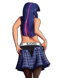 Size: 2560x2620 | Tagged: artist:king-kakapo, ass, blacked, black underwear, branded hem, butt, clothes, edit, female, human, humanized, panties, simple background, skirt, solo, stockings, suggestive, thigh highs, transparent background, twilight sparkle, underwear, undressing, unzipped, zipper