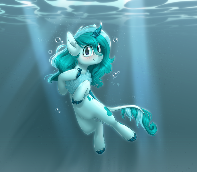 Size: 1783x1555 | Tagged: artist:doekitty, blushing, female, kirin, looking at you, oc, oc:monsoon, quadrupedal, safe, solo, underwater, unshorn fetlocks