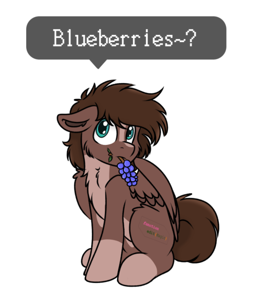 Size: 695x812 | Tagged: safe, artist:rokosmith26, oc, oc:hell berry, unofficial characters only, pegasus, pony, blue eyes, blueberry, brown mane, cheek fluff, chest fluff, chibi, cute, floppy ears, food, leaf, looking up, male, markings, short hair, short mane, simple background, sitting, solo, spread wings, stallion, tail, text, transparent background, wings