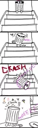 Size: 696x2306 | Tagged: safe, artist:quiet scribbles, oc, oc:molly cutter, unofficial characters only, pony, unicorn, bandit, censored vulgarity, dialogue, female, filly, grawlixes, reeee, reversed gender roles equestria general, stairs, trash can
