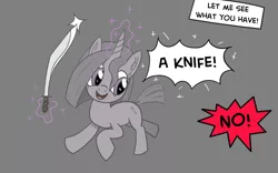 Size: 960x600 | Tagged: safe, artist:hotkinkajou, oc, oc:molly cutter, unofficial characters only, pony, unicorn, dialogue, female, filly, knife, kukri, magic, meme, offscreen character, ponified meme, running, speech bubble, telekinesis