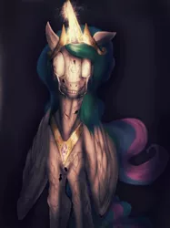 Size: 1024x1366 | Tagged: semi-grimdark, artist:princessrosemcmitten, princess celestia, alicorn, pony, crown, crying, decomposing, female, glowing horn, gradient background, horn, horror, jewelry, macabre, mare, nightmare fuel, peytral, regalia, solo, teeth, white eyes, wings