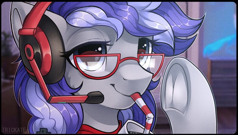 Size: 1973x1121 | Tagged: safe, artist:trickate, oc, oc:cinnabyte, unofficial characters only, earth pony, pony, adorakble, candy, candy cane, cute, dork, drinking, female, food, gaming headset, glasses, headphones, headset, mare, smiling, solo, window