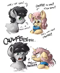 Size: 4518x5522 | Tagged: safe, artist:rigbyh00ves, oc, unofficial characters only, earth pony, pony, unicorn, accent, angry, bust, coffee, dialogue, duo, floppy ears, looking at each other, simple background, white background