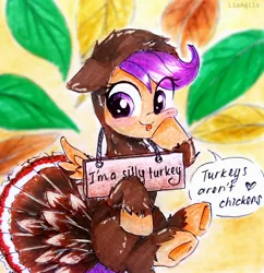 Size: 2322x2396 | Tagged: safe, artist:liaaqila, scootaloo, pegasus, pony, cute, cutealoo, scootachicken, scootaloo can fly, sign, silly, silly face, silly pony, turkey costume