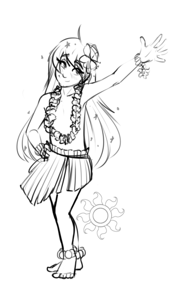 Size: 913x1560 | Tagged: questionable, artist:sugarlesspaints, banned from derpibooru, princess luna, human, anklet, clothes, female, flower, flower in hair, flower necklace, grass skirt, grayscale, hula, humanized, lolicon, monochrome, partial nudity, simple background, skirt, solo, solo female, strategically covered, topless, underage, white background, wristband, younger