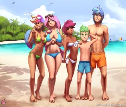 Size: 2560x2157 | Tagged: artist:sugarlesspaints, beach, bikini, board shorts, clothes, explicit source, fluttershy, horn, horned humanization, human, humanized, looking at you, ocean, rainbow dash, safe, scootaloo, shining armor, spike, sunglasses, swimsuit, winged humanization, wings