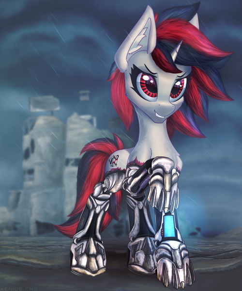 Size: 1750x2100 | Tagged: safe, artist:xeniusfms, oc, oc:blackjack, unofficial characters only, pony, unicorn, fallout equestria, fallout equestria: project horizons, augmented, fanfic art, female, grin, looking at you, mare, rain, ruins, smiling, solo