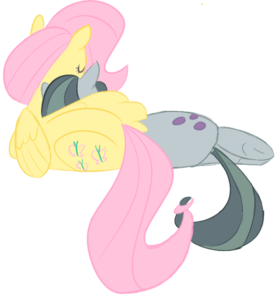 Size: 728x764 | Tagged: safe, artist:mogg, fluttershy, marble pie, earth pony, pegasus, pony, /mlp/, 4chan, cuddling, cute, drawthread, duo, duo female, facing away, female, gray background, intertwined tails, mare, requested art, simple background, tail, transparent background, wings