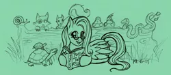 Size: 700x307 | Tagged: artist:ktkat, bird, book, female, fluttershy, monochrome, pegasus, ponibooru import, raccoon, reading, reading glasses, safe, sketch, snail, snake, squirrel, turtle