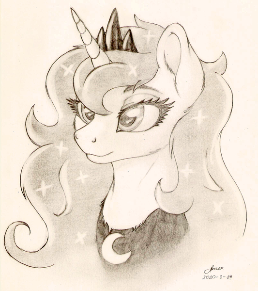 Size: 1600x1800 | Tagged: safe, artist:awalex, princess luna, pony, bust, cheek fluff, chest fluff, ear fluff, female, fluffy, mare, monochrome, pencil drawing, portrait, simple background, solo, traditional art, white background