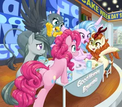 Size: 1600x1400 | Tagged: safe, artist:dstears, autumn blaze, gabby, marble pie, pinkie pie, silverstream, classical hippogriff, earth pony, gryphon, hippogriff, kirin, pony, book, butt, coffee cup, cup, cute, female, flying, good morning america, happy, mare, mug, one of these things is not like the others, plot, smiling, table, talk show