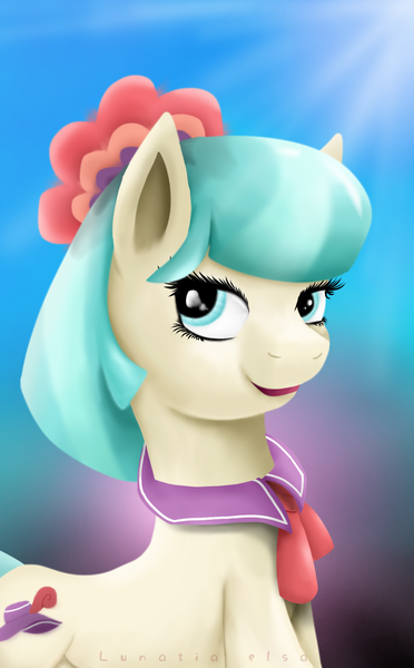 Size: 1080x1740 | Tagged: safe, artist:nanazdina, coco pommel, earth pony, pony, bust, female, ibispaint x, looking at you, smiling, solo, sun