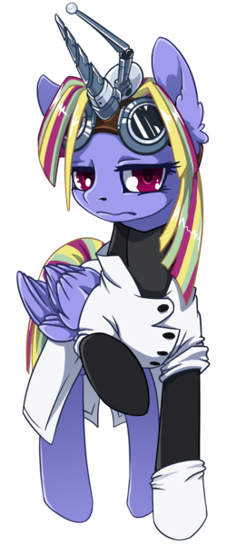 Size: 1144x2636 | Tagged: safe, artist:arctic-fox, oc, oc:the antimattercorn, unofficial characters only, alicorn, pony, alicorn oc, antagonist, clothes, fake horn, gloves, goggles, horn, lab coat, looking at you, raised hoof, simple background, solo, supervillain, the sinister six, transparent background, wings