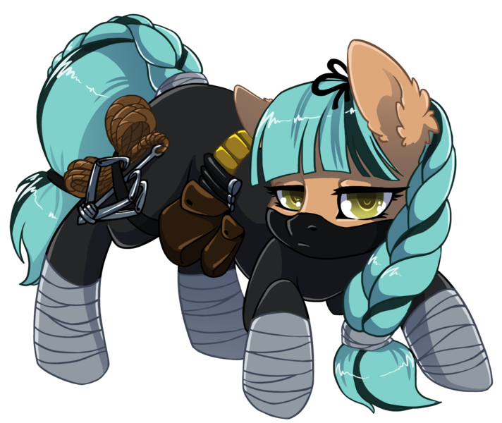 Size: 1795x1513 | Tagged: safe, artist:arctic-fox, oc, oc:missfortune, unofficial characters only, earth pony, pony, antagonist, bangs, belt, braid, braided tail, crouching, grappling hook, looking at you, mask, ninja, pouch, simple background, solo, supervillain, the sinister six, transparent background, unamused