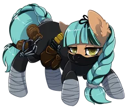 Size: 1795x1513 | Tagged: safe, artist:arctic-fox, oc, oc:missfortune, unofficial characters only, earth pony, pony, antagonist, bangs, belt, braid, braided tail, crouching, grappling hook, looking at you, mask, ninja, pouch, simple background, solo, supervillain, the sinister six, transparent background, unamused