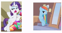 Size: 732x392 | Tagged: safe, screencap, rainbow dash, rarity, pegasus, pony, unicorn, dragon dropped, season 9, suited for success, spoiler:s09, bipedal, bipedal leaning, comparison, cropped, leaning